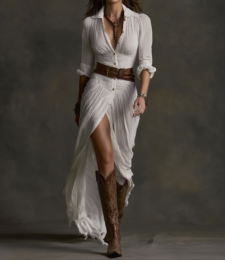 ავრორა | გრძელი სადღეისო კაბა შებრუნებული საყელოთი